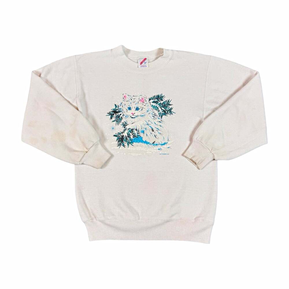 Vintage 1980s White Cat Graphic Print Crewneck Pullover Sweatshirt Size Small
